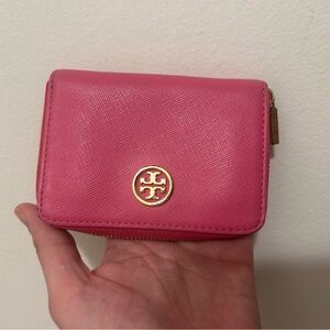 Tory Burch Hot Pink Saffiano Zip Wallet with Gold Logo